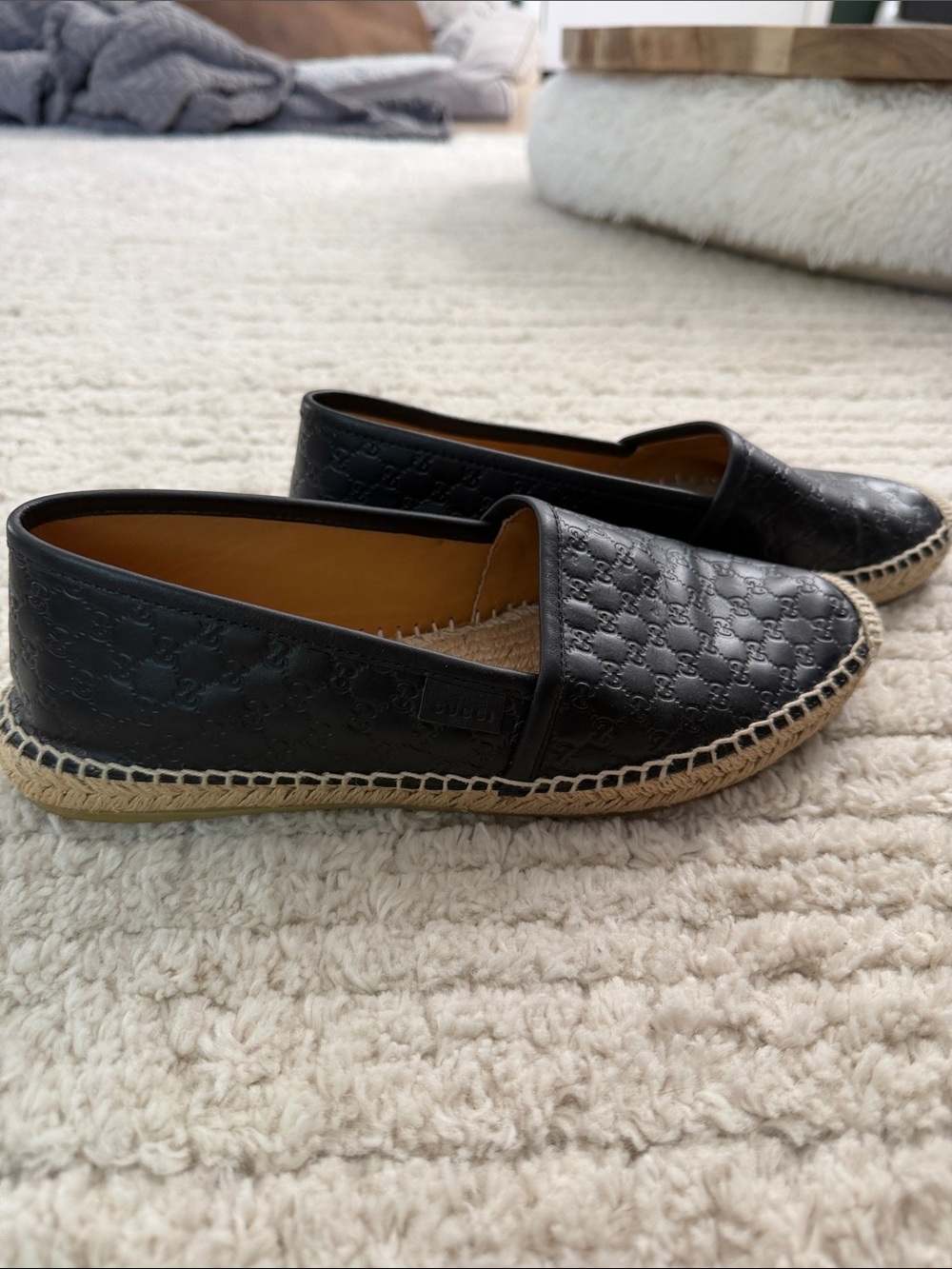 Gucci Black Embossed Leather Espadrille Slip-Ons